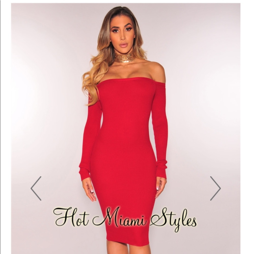 HMS- red off shoulder, ribbed dress.